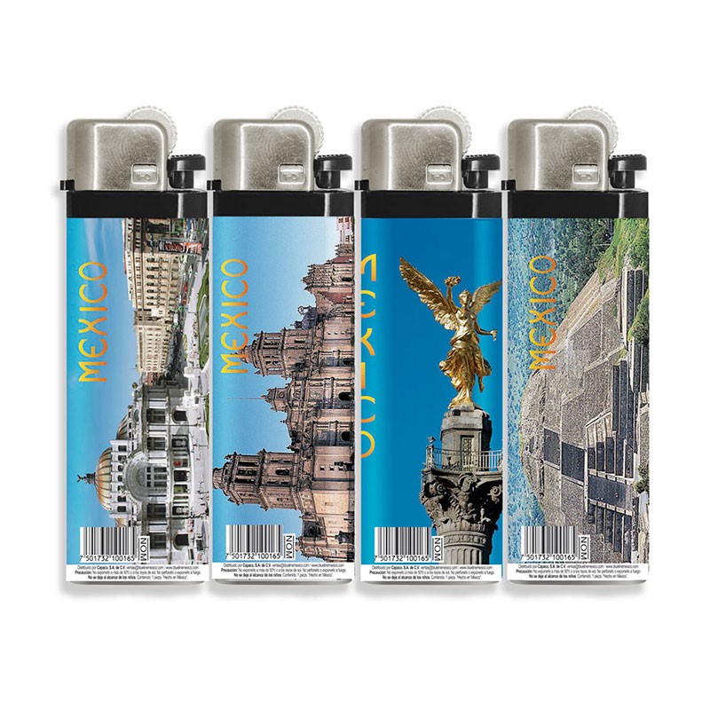 Encendedores con vistas de la Ciudad de México. souvenir y recuerdo de México, CDMX.