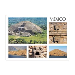 Tarjeta postal con varias vista de Teotihuacan, souvenir y recuerdo de la Ciudad de México, CDMX.