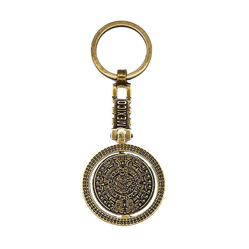 Llavero giratorio de latón con el calendario azteca. Souvenir de la Ciudad de México, CDMX.