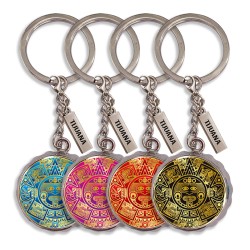 Llavero corcholata de metal calendario Azteca, Souvenir de Tijuana, México.