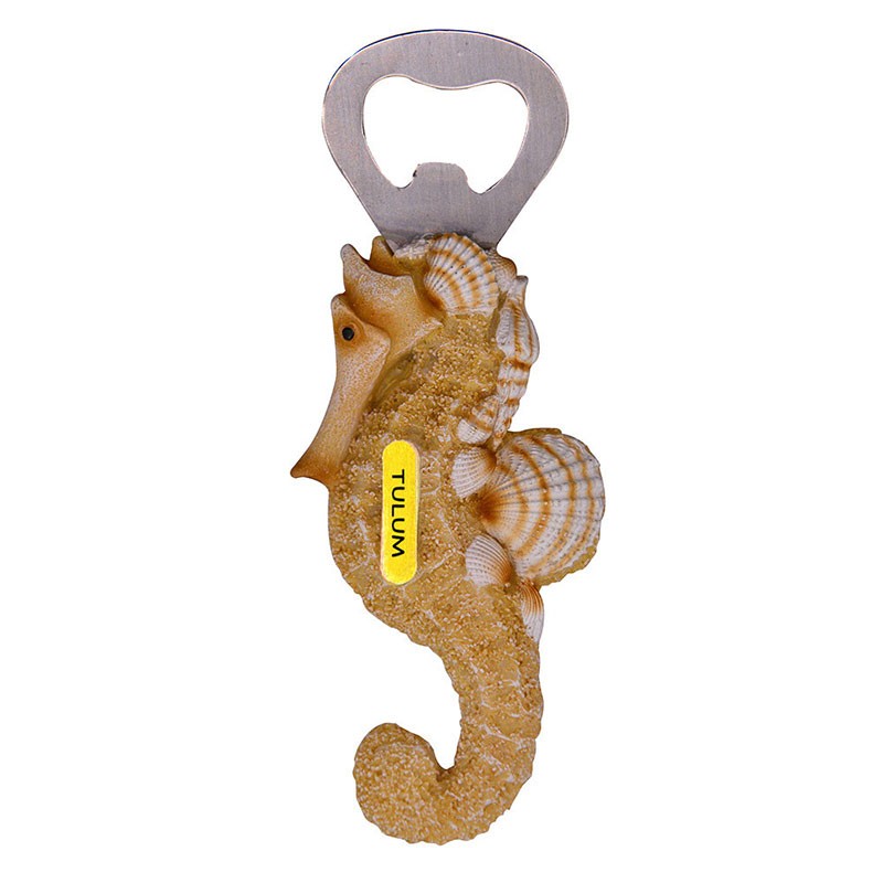 Magneto destapador de resina con acabado arena y figura de un caballito de mar