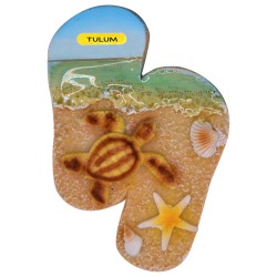 4 magnetos de resina en forma de chancla con ilustraciones de playa