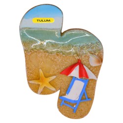 4 magnetos de resina en forma de chancla con ilustraciones de playa