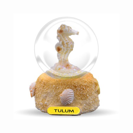 Esfera de resina con acabado arena en una concha y caballito de mar