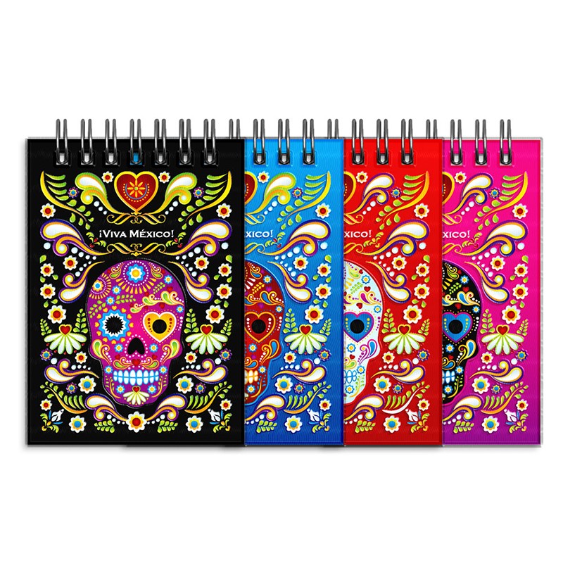 Libreta de apunte con ilustracion de una calavera, típica del dia de muertos. Souvenir y recuerdo de la Riviera Maya, México