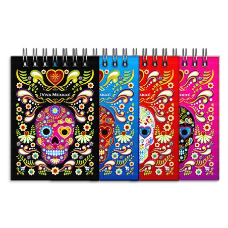 Libreta de apunte con ilustracion de una calavera, típica del dia de muertos. Souvenir y recuerdo de la Riviera Maya, México