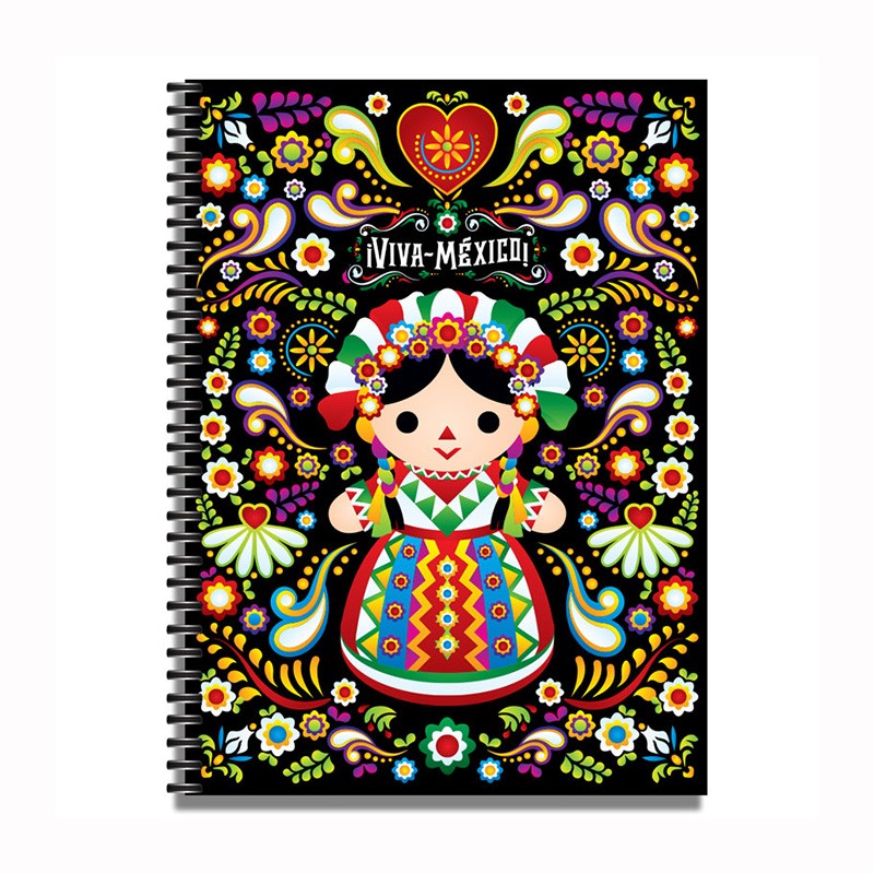 Libreta grande con ilustracion de una muñeca,  típica del artesanía en México. Souvenir y recuerdo de la Riviera Maya