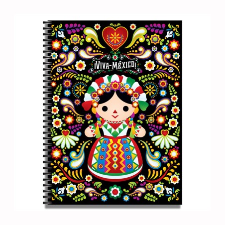 Libreta grande con ilustracion de una muñeca,  típica del artesanía en México. Souvenir y recuerdo de la Riviera Maya