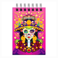 Libreta de apunte con ilustracion de una catrina, típica del dia de muertos. Souvenir y recuerdo de la Riviera Maya, México