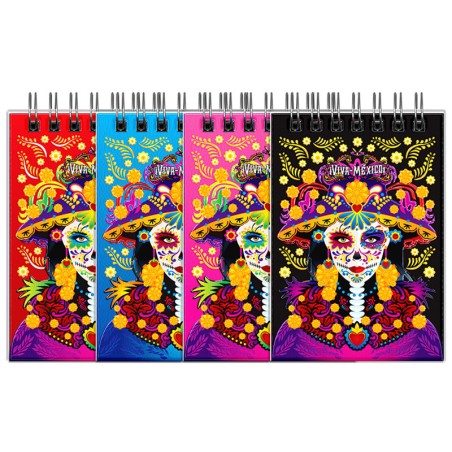 Libreta de apunte con ilustracion de una catrina, típica del dia de muertos. Souvenir y recuerdo de la Riviera Maya, México