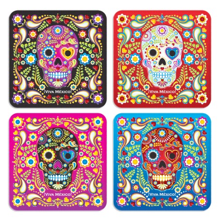 Set de 4 portavasos calavera, tipico del dia de muertos en México, souvenir y recuerdo de la Riviera Maya