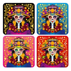 Set de 4 portavasos catrina, tipico del dia de muertos en México, souvenir y recuerdo de la Riviera Maya