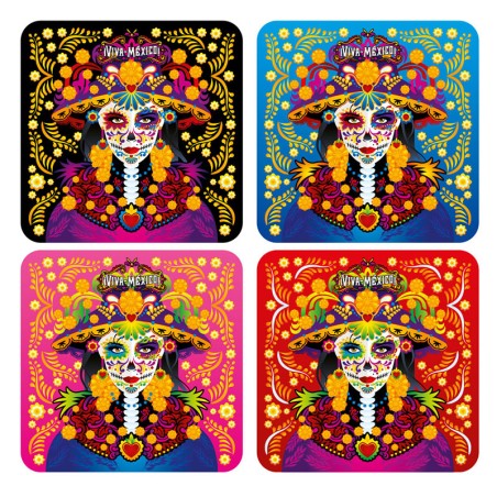 Set de 4 portavasos catrina, tipico del dia de muertos en México, souvenir y recuerdo de la Riviera Maya