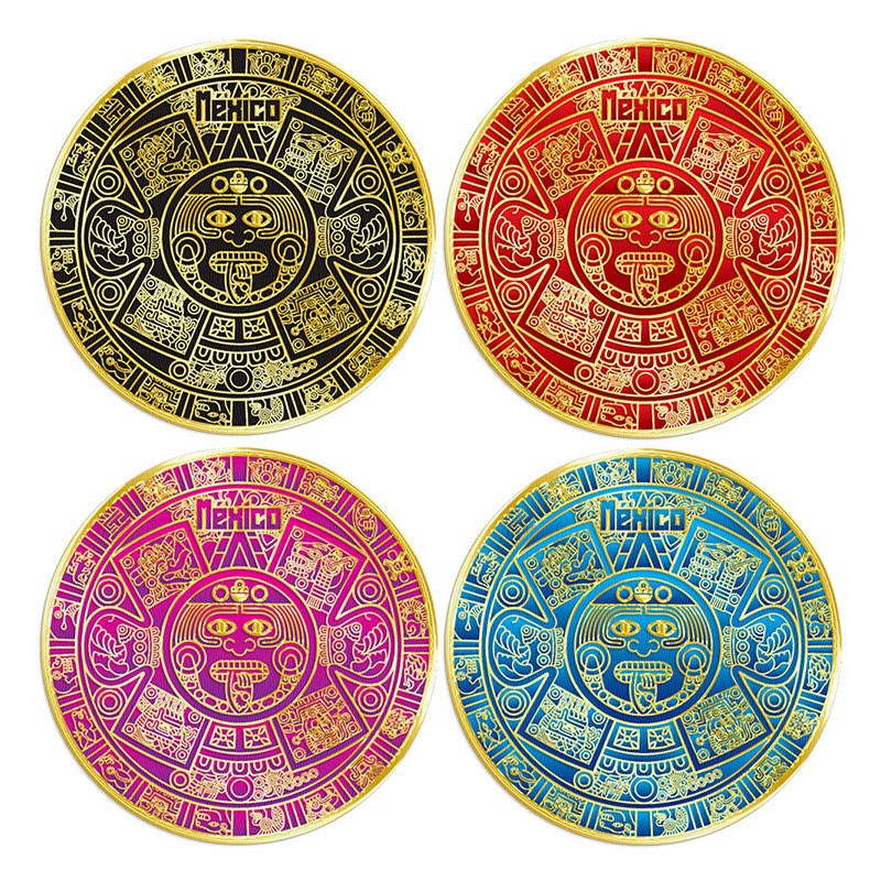 Set de 4 portavasos Calendario Azteca, emblemático de la cultura prehispánica, Souvenir de la Riviera Maya, México.