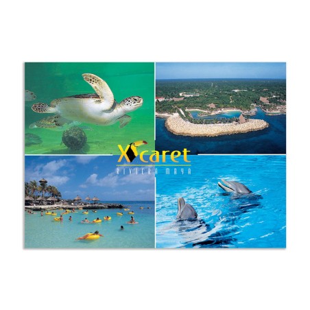 Tarjeta postal con varias vistas del parque ecologico de Xcaret, souvenir y recuerdo de la Riviera Maya, México