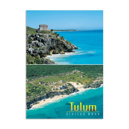 Tarjeta postal con 2 vistas de Tulum, souvenir y recuerdo de la Riviera Maya, México