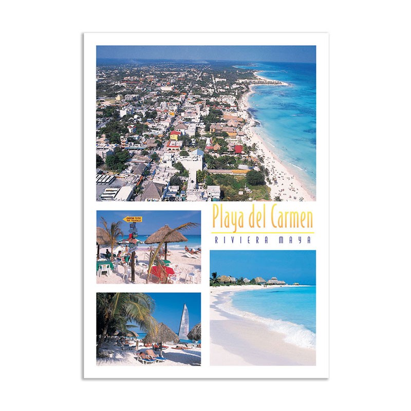 Tarjeta postal con varias vistas de Playa del Carmen, souvenir y recuerdo de la Riviera Maya, México