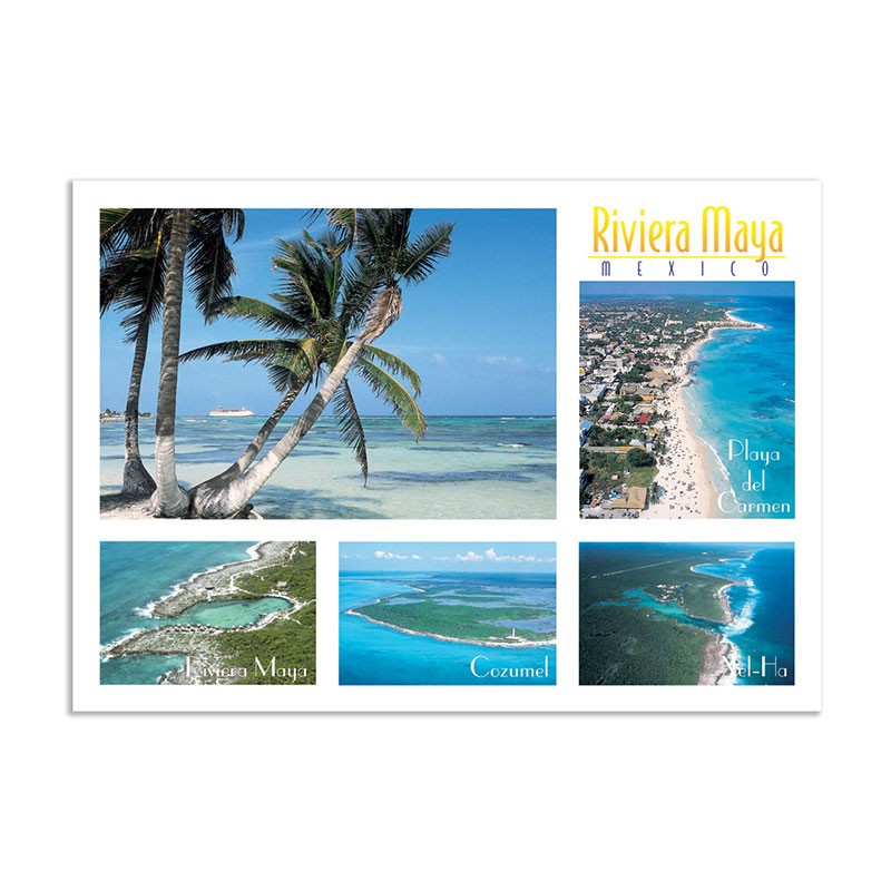 Tarjeta postal con varias vistas de la Riviera Maya, souvenir y recuerdo de México