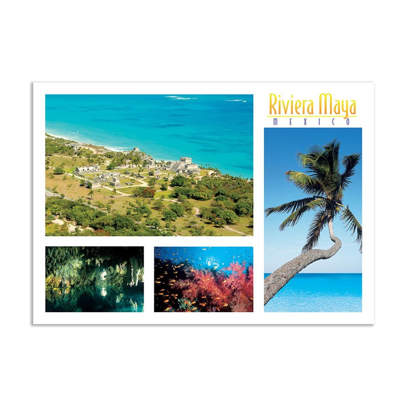 Tarjeta postal con vistas de Tulum, souvenir y recuerdo de la Riviera Maya, México
