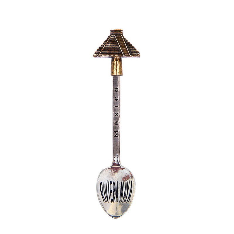 Cuchara de colección latón pirámide maya. Souvenir, recuerdo Riviera Maya, México