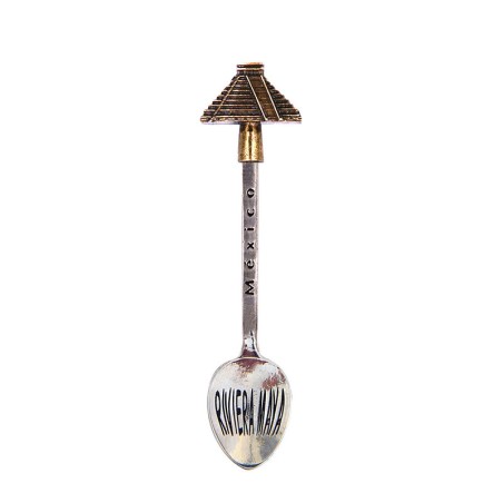 Cuchara de colección latón pirámide maya. Souvenir, recuerdo Riviera Maya, México