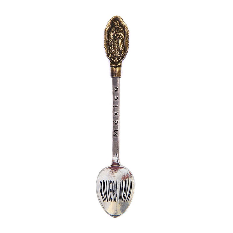 Cuchara de colección latón Virgen de Guadalupe. Souvenir, recuerdo Riviera Maya, México
