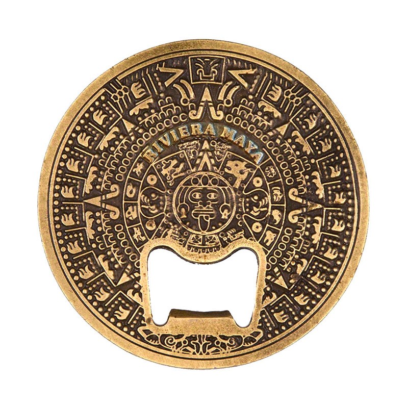 Magneto destapador grande de latón Calendario Azteca.Souvenir, recuerdo Riviera Maya, México
