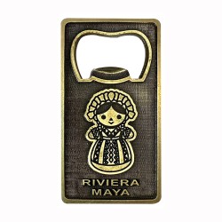 Magneto destapador de latón calavera. Souvenir, recuerdo Riviera Maya, México