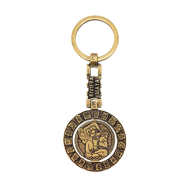 Llavero giratorio de latón calendario Maya. Souvenir, recuerdo Riviera Maya, México