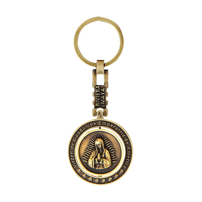 Llavero giratorio de latón Virgen de Guadalupe. Souvenir, recuerdo Riviera Maya, México