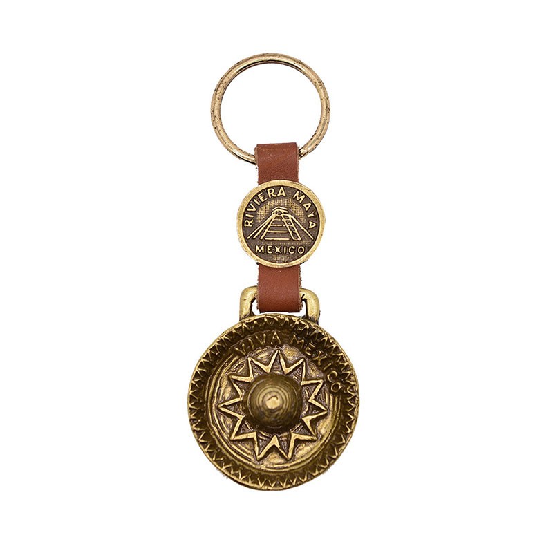 Llavero de latón sombrero de paja. Souvenir, recuerdo Riviera Maya, México
