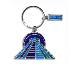 Llavero de metal en forma de la pirámide de Chichen Itza. Souvenir de la Riviera Maya, México