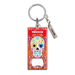Llavero destapador de metal con calavera. Souvenir de la Riviera Maya, México
