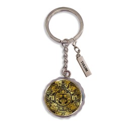 Llavero corcholata de metal calendario Azteca, Souvenir de la Riviera Maya, México.