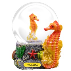 Esfera de nieve con un caballito de mar. Souvenir, recuerdo de la Riviera Maya, México