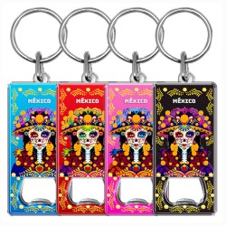 Llavero destapador de metal con una catrina. Souvenir de Veracruz, México.