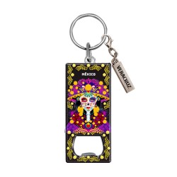 Llavero destapador de metal con una catrina. Souvenir de Veracruz, México.