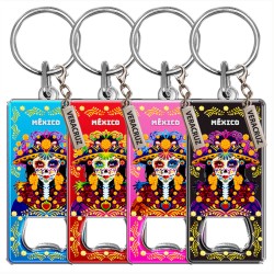 Llavero destapador de metal con una catrina. Souvenir de Veracruz, México.