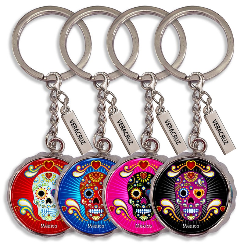 Llavero corcholata de metal calavera, Souvenir de Veracruz, recuerdo de México.