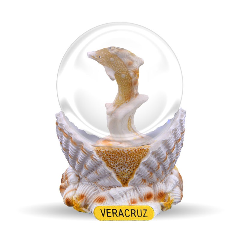 Esfera de resina arena en una concha y delfin, Souvenir de Veracruz, Recuerdo Mexico.